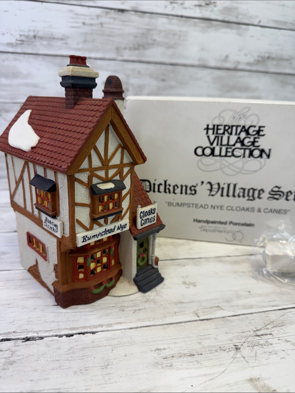 Dept 56 “Bumpstead Nye Cloaks & Canes Dickens Village series with box and light